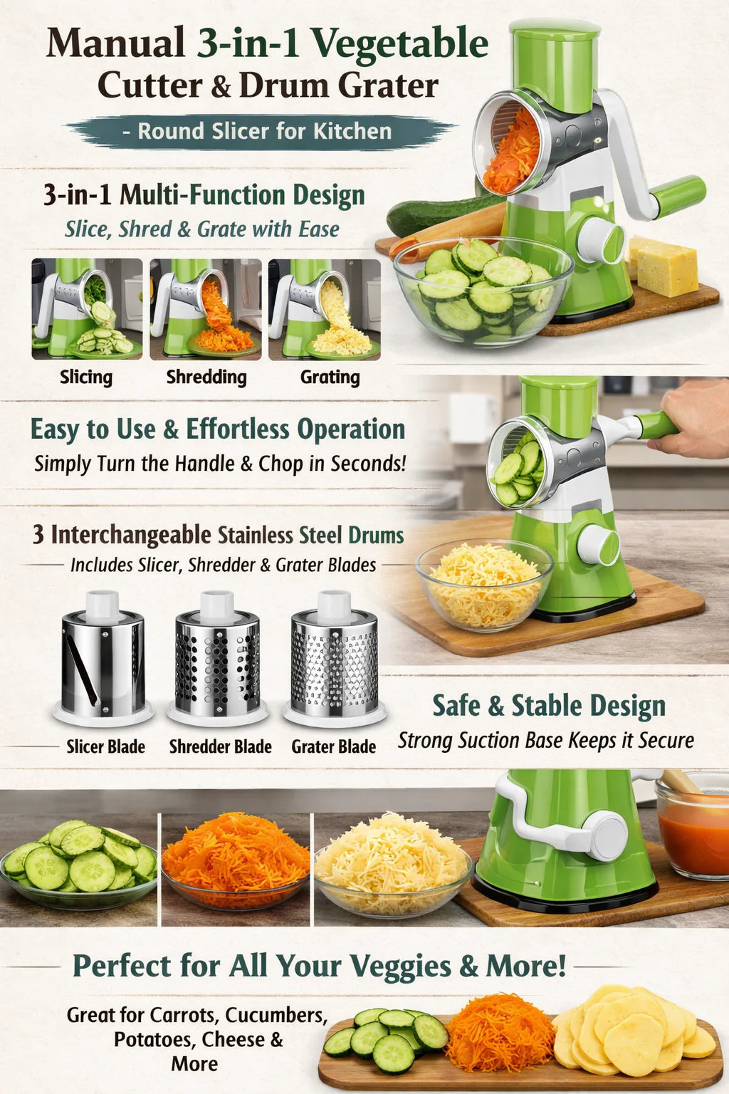 Manual 3 in 1 Vegetable Cutter & Slicer multifunctional